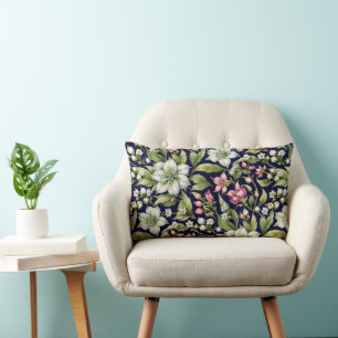 White Amaryllis and Pinks on Navy Lumbar Cushion