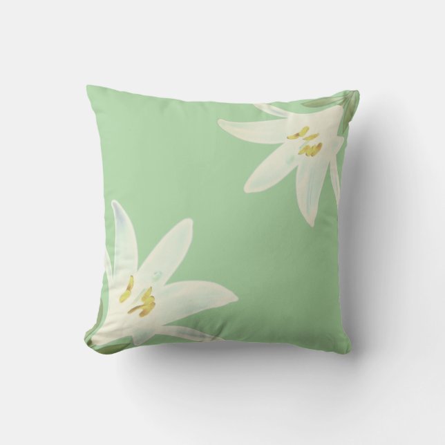 White Amaryllis Flowers on Light Lime Green Cushion (Front)