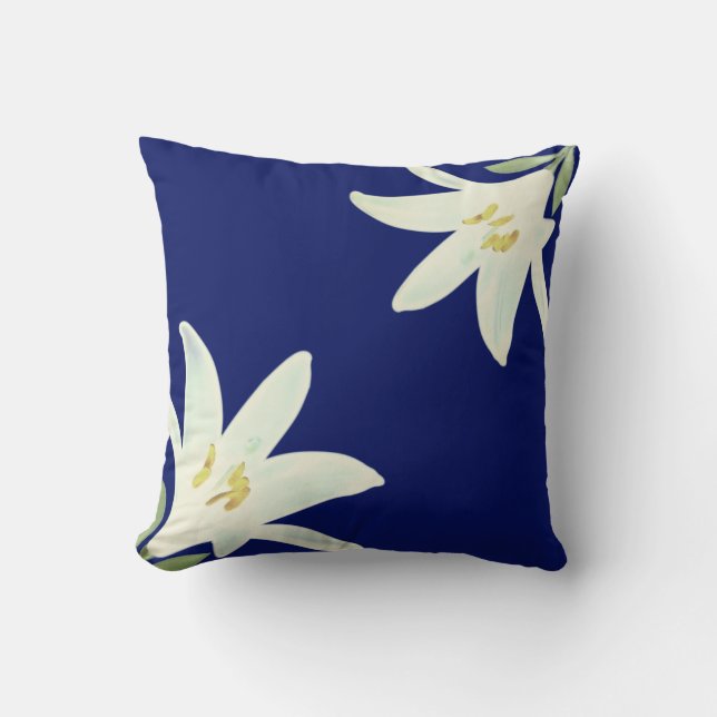 White Amaryllis Flowers on Navy Blue Cushion (Front)