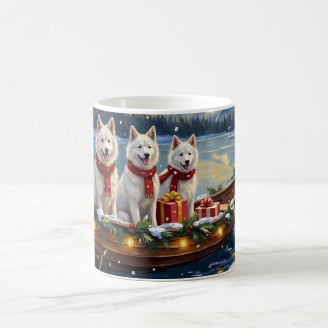 White American Eskimo Dog Christmas Boat Holiday Coffee Mug (Center)