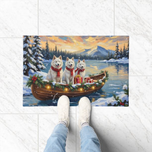 White American Eskimo Dog Christmas Boat Holiday Doormat