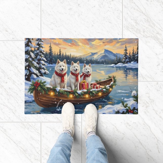 White American Eskimo Dog Christmas Boat Holiday Doormat (Indoor)