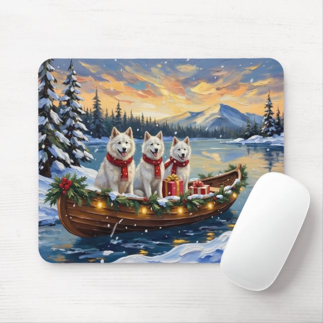 White American Eskimo Dog Christmas Boat Holiday Mouse Mat (With Mouse)