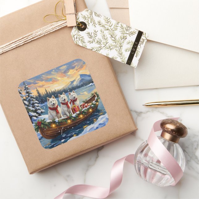 White American Eskimo Dog Christmas Boat Holiday Square Sticker (Gifting)