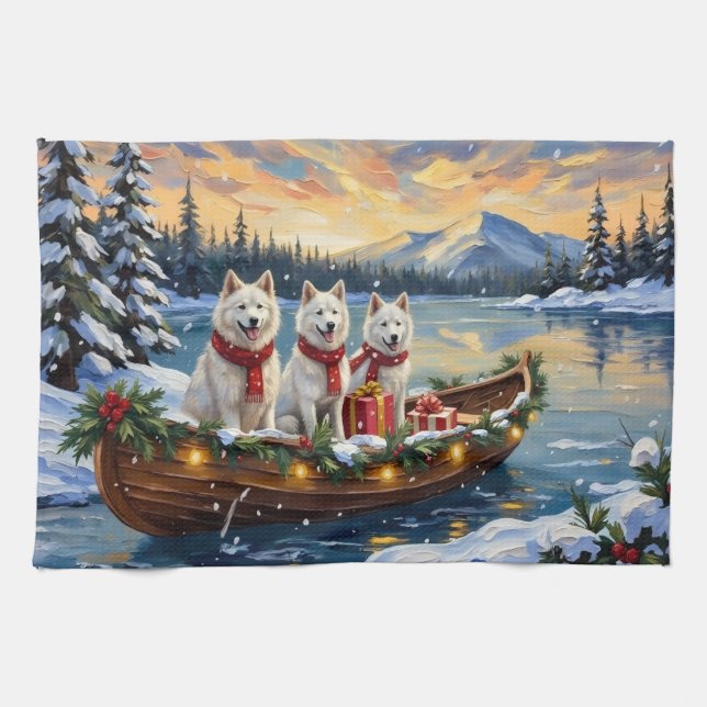 White American Eskimo Dog Christmas Boat Holiday Tea Towel (Horizontal)