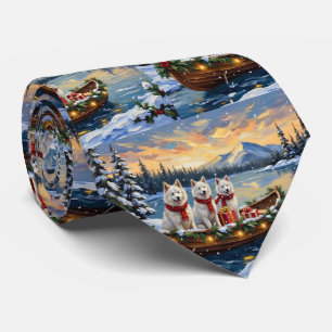 White American Eskimo Dog Christmas Boat Holiday Tie
