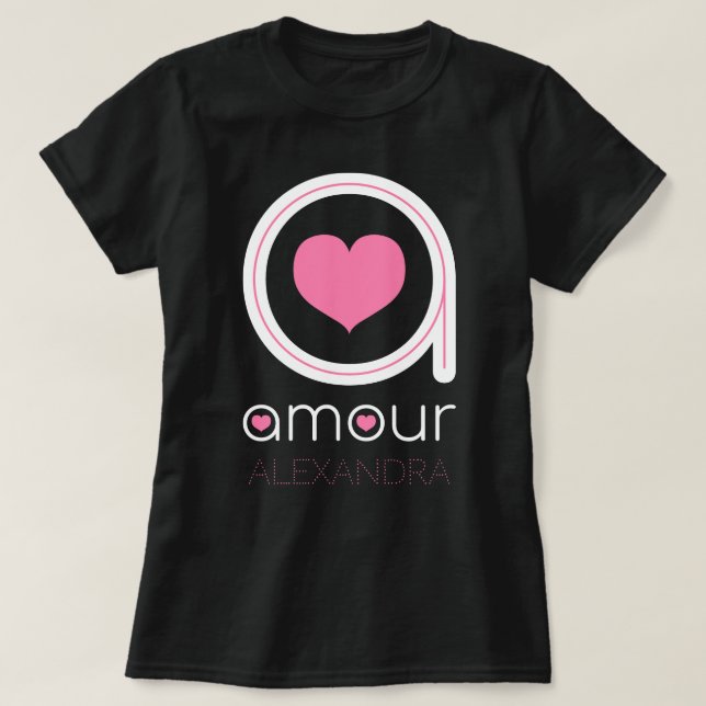 White Amour Love, Pink Heart, Name Customised T-Shirt (Design Front)