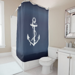 White Anchor and Navy Blue Background Shower Curtain