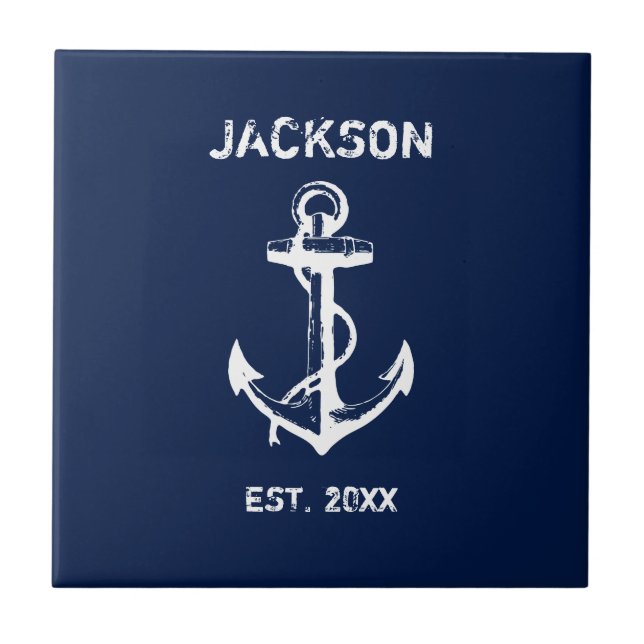 White Anchor and Navy Blue Background Tile (Front)