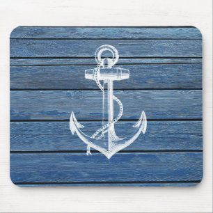 White Anchor And Vintage Blue Wood Mouse Mat