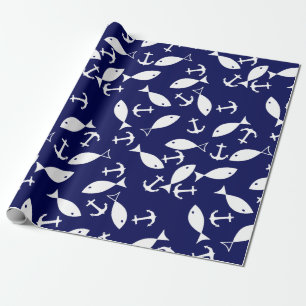 White Anchor Blue Background Captain Sea Fish Wrapping Paper