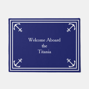 White Anchor Border on Navy Blue Custom Small Doormat
