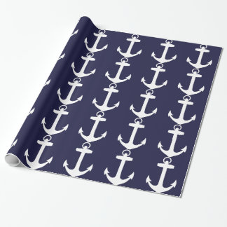 White Anchor on Navy Blue Background Wrapping Paper