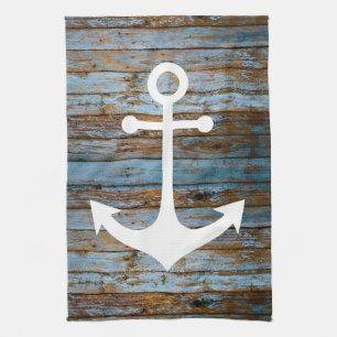 white anchor on wood tea towel