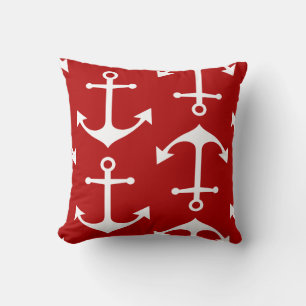 White Anchor Pattern on Nautical Red Throw Pillow