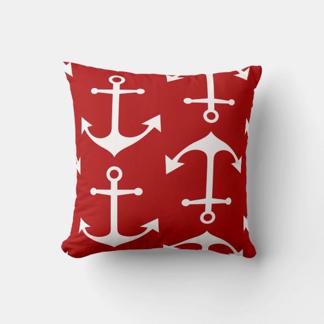 White Anchor Pattern on Nautical Red Throw Pillow (Front)