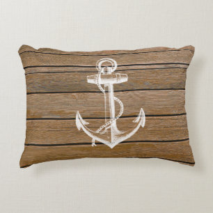 White anchor vintage rustic brown wood decorative cushion