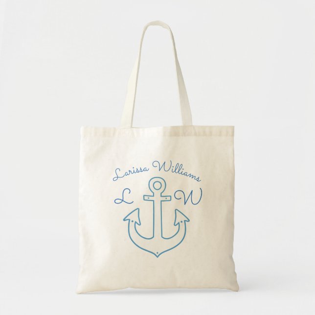 White Anchor with name & initials simple nautical Tote Bag (Front)