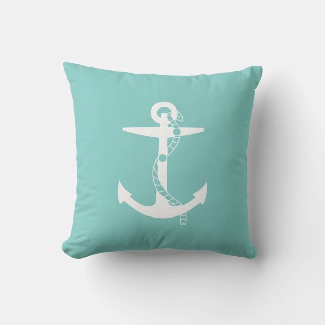 White Anchor with rope | Marine Teal Blue Cushion (Front)