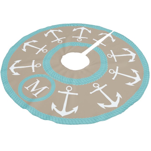 White Anchors and Teal Rope Nautical Monogram Brushed Polyester Tree Skirt (Angled)