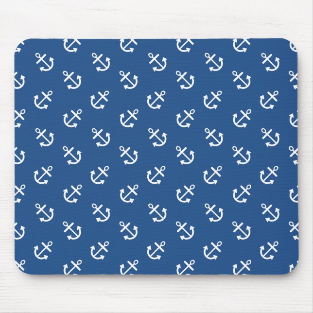 White Anchors Classic Blue Background Pattern Mouse Mat (Front)