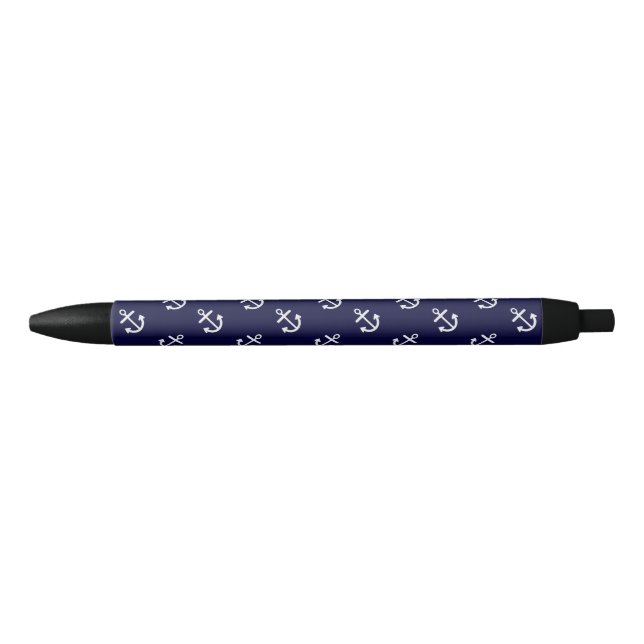 White Anchors Navy Blue Background Pattern Black Ink Pen (Front)