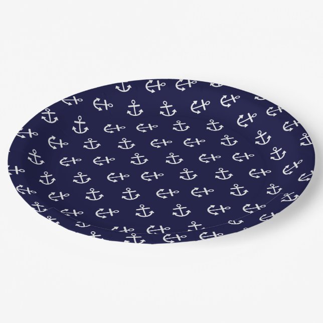 White Anchors Navy Blue Background Pattern Paper Plate (Angled)
