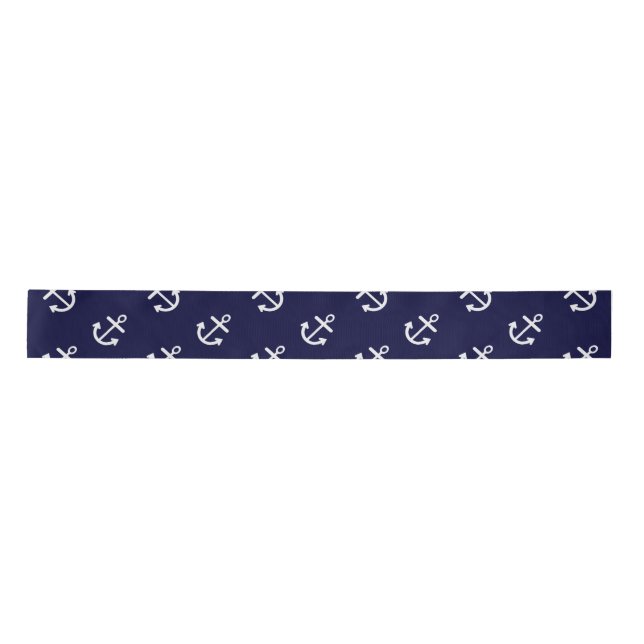 White Anchors Navy Blue Background Pattern Satin Ribbon (Front)