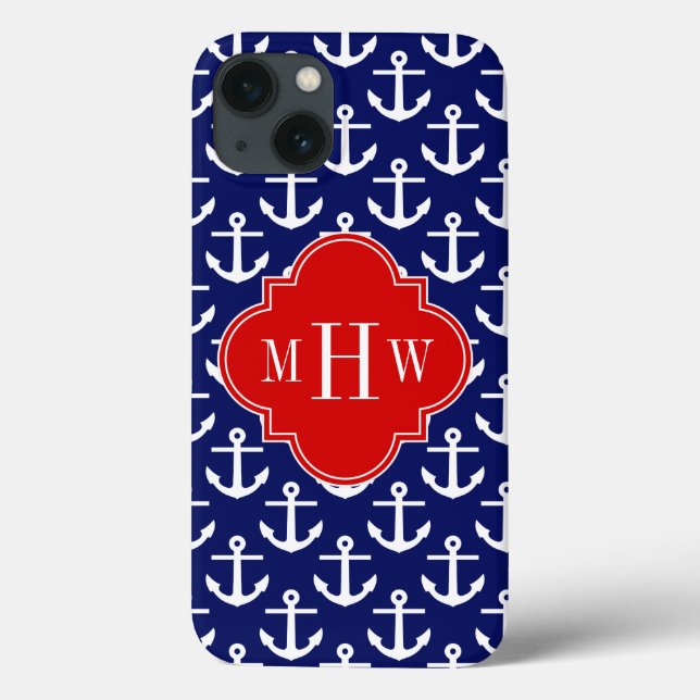 White Anchors Navy Blue, Red 3 Initial Monogram Case-Mate iPhone Case (Back)