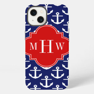 White Anchors Navy Blue, Red 3 Initial Monogram iPhone 13 Case