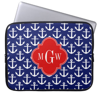 White Anchors Navy Blue, Red 3 Initial Monogram Laptop Sleeve