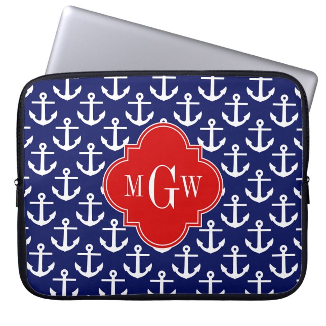 White Anchors Navy Blue, Red 3 Initial Monogram Laptop Sleeve (Front)