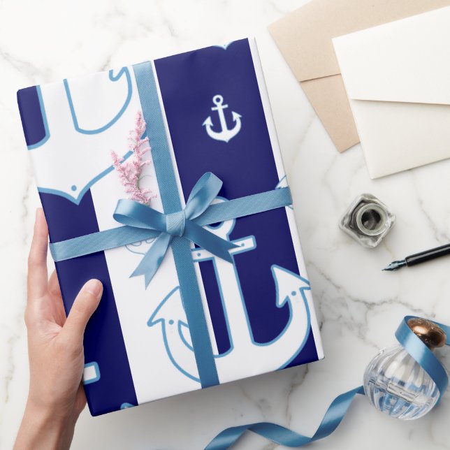 white anchors & navy blue stripes, nautical wrapping paper (Gifting)