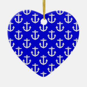 White Anchors On Blue Background Ceramic Tree Decoration