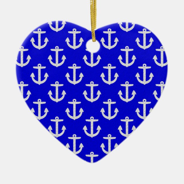 White Anchors On Blue Background Ceramic Tree Decoration (Front)