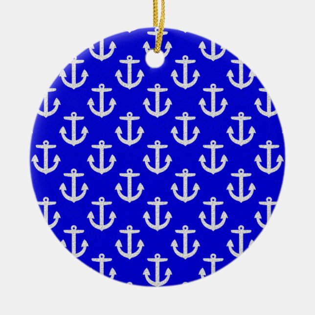 White Anchors On Blue Background Ceramic Tree Decoration (Front)