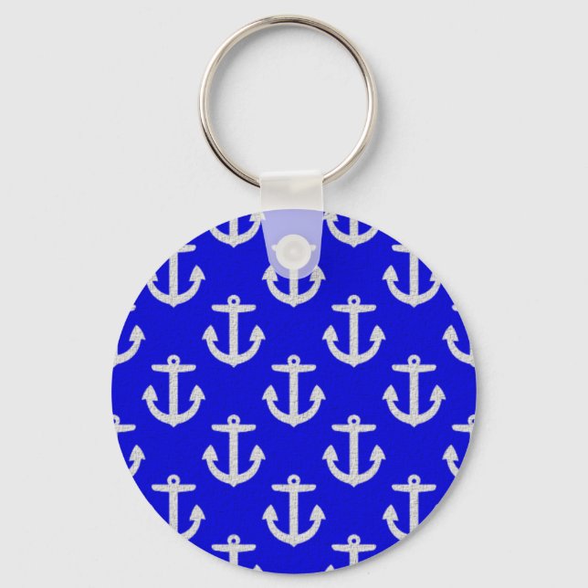 White Anchors On Blue Background Key Ring (Front)