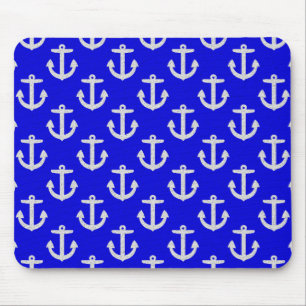 White Anchors On Blue Background Mouse Mat