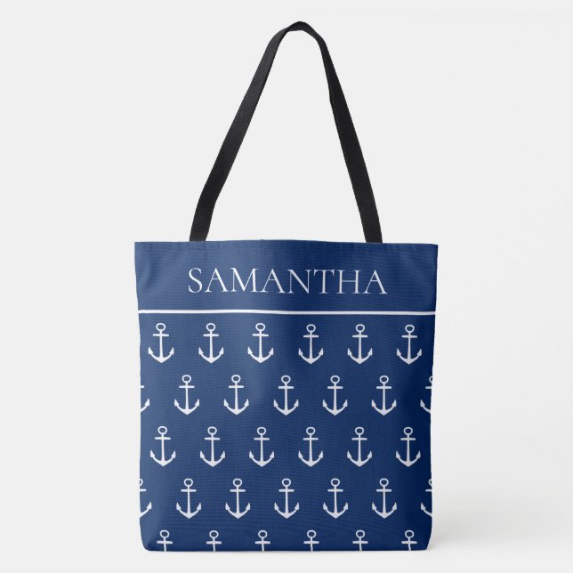 White Anchors on Navy Blue Personalised Tote Bag (Front)