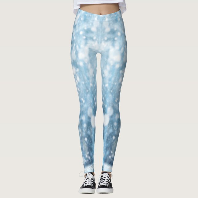 White and Baby blue Aesthetic Christmas Snow  Leggings (Front)