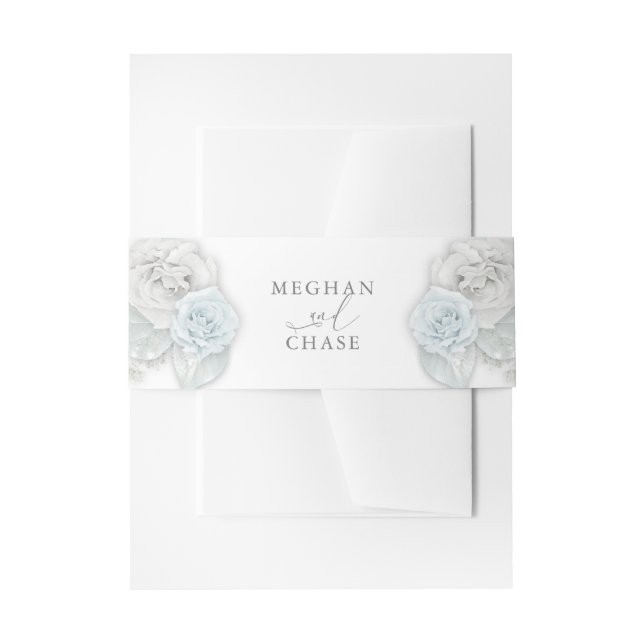 White and Baby Blue Roses Invitation Belly Band (Front Example)