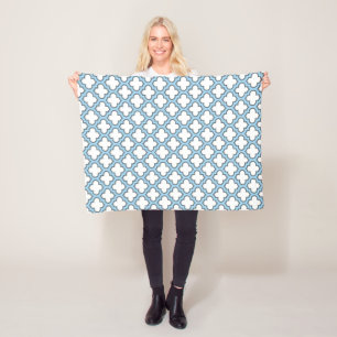 White and Baby Blue Trellis, Lattice, Quatrefoil Fleece Blanket