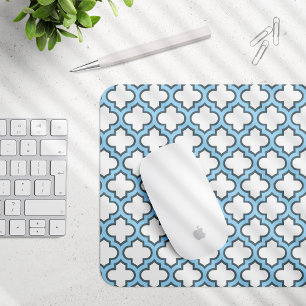 White and Baby Blue Trellis, Lattice, Quatrefoil Mouse Mat