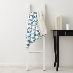 White and Baby Blue Trellis, Lattice, Quatrefoil Sherpa Blanket