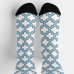 White and Baby Blue Trellis, Lattice, Quatrefoil Socks