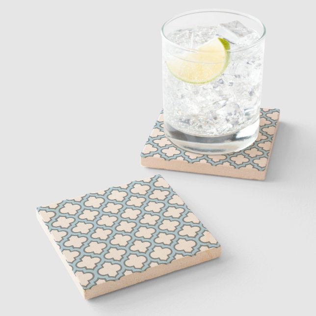 White and Baby Blue Trellis, Lattice, Quatrefoil Stone Coaster (Side)