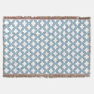 White and Baby Blue Trellis, Lattice, Quatrefoil Throw Blanket