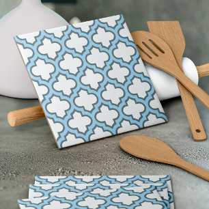 White and Baby Blue Trellis, Lattice, Quatrefoil Tile