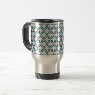 White and Baby Blue Trellis, Lattice, Quatrefoil Travel Mug
