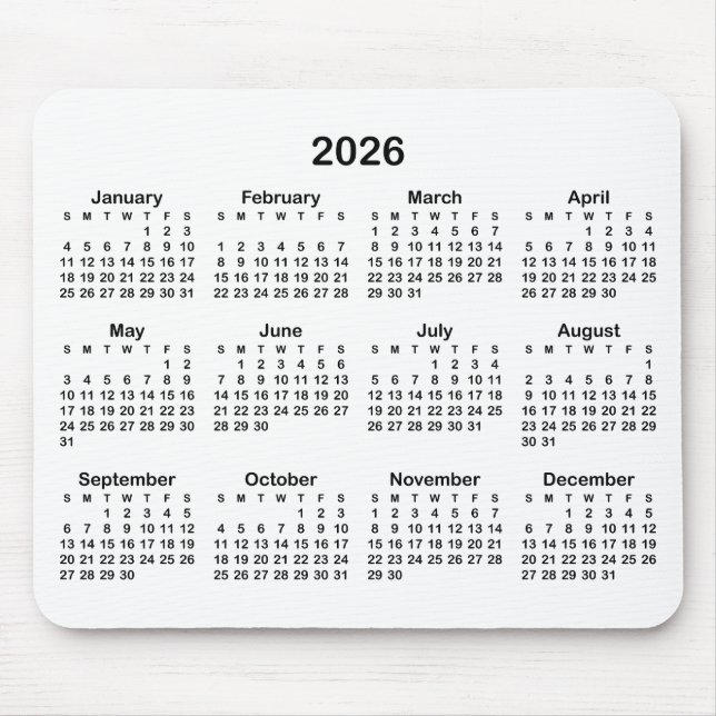 White and Black 2026 Calendar Mouse Mat (Front)